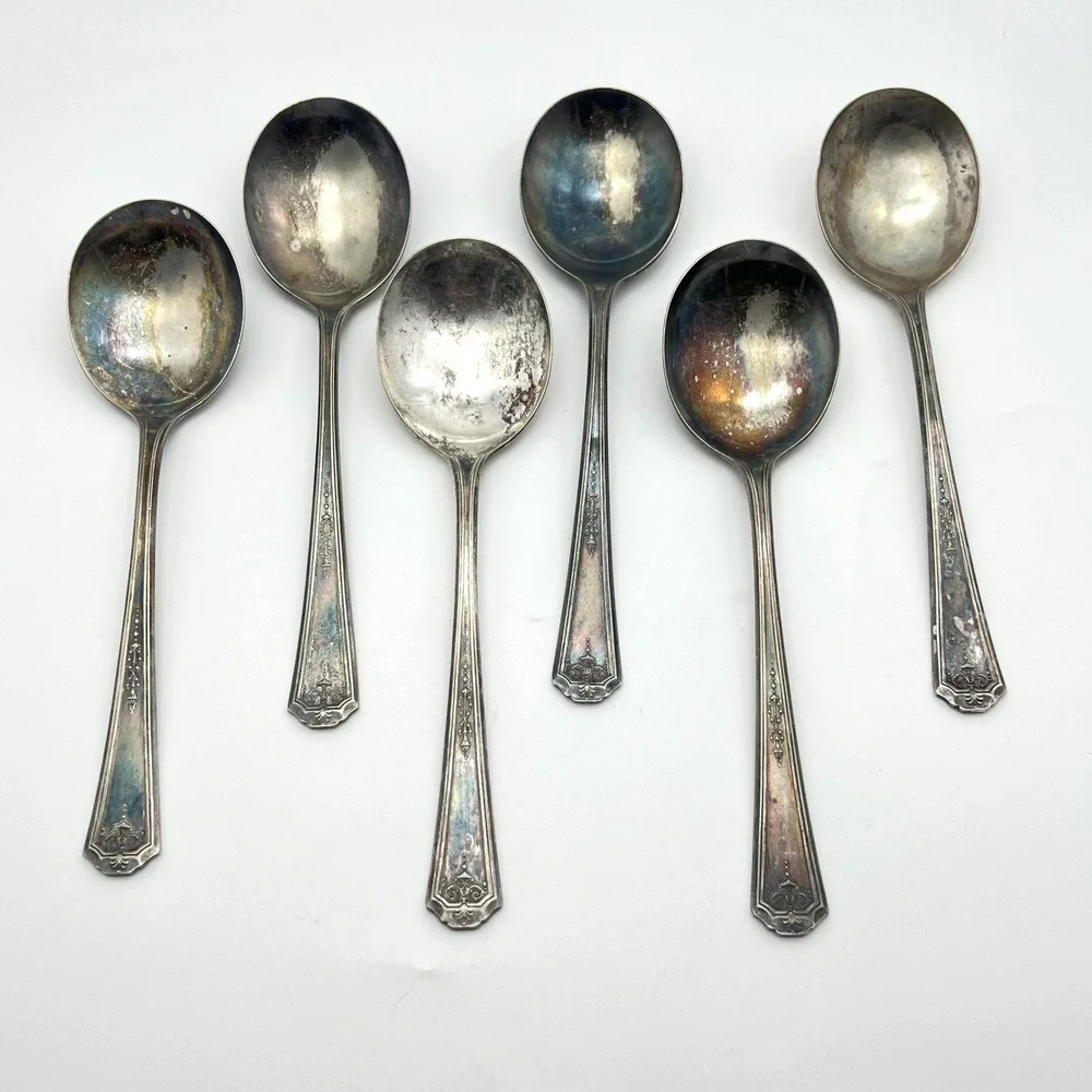 Oneida‎ Community Tudor Silver Plated 6 Spoon Set Queen Bess Vintage Tarnished